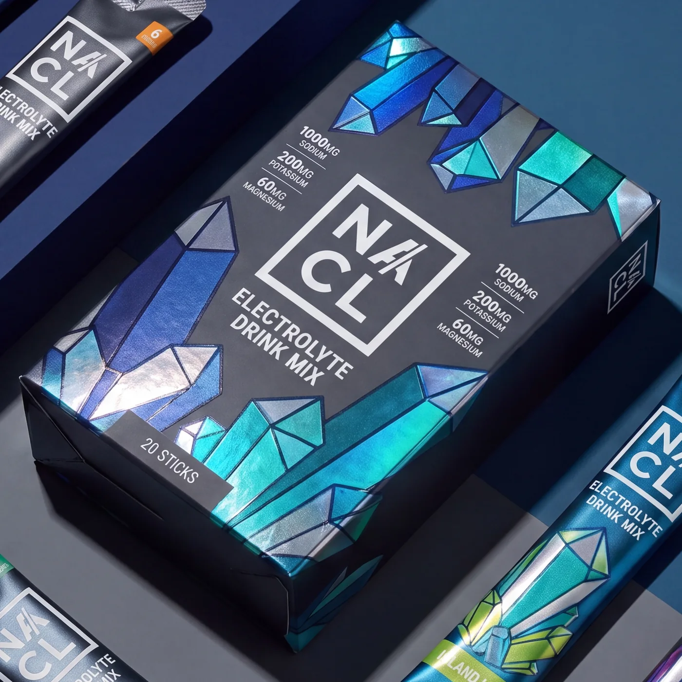 NACL electrolyte drink mix carton with holographic crystals